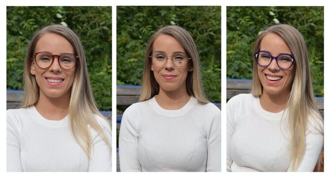 Tre bilder av dame med forskjellige briller